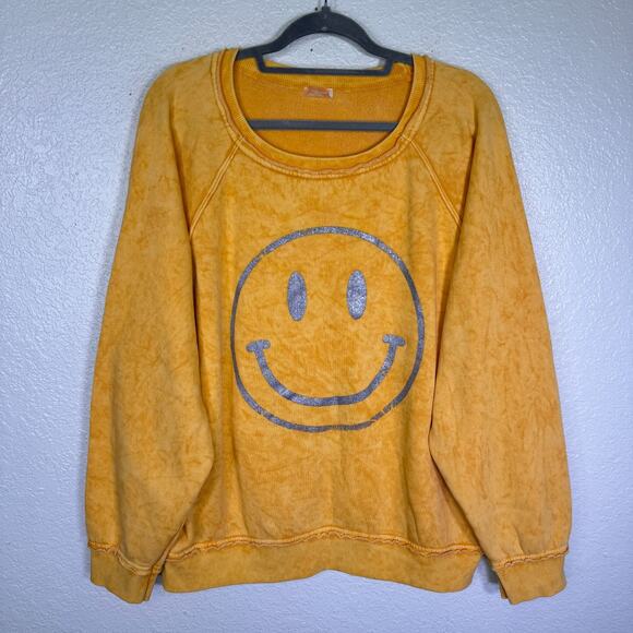 Free People Tops - Free People Smiley Face Sweatshirt Womens Large FP Movement Sweater Yellow Boho